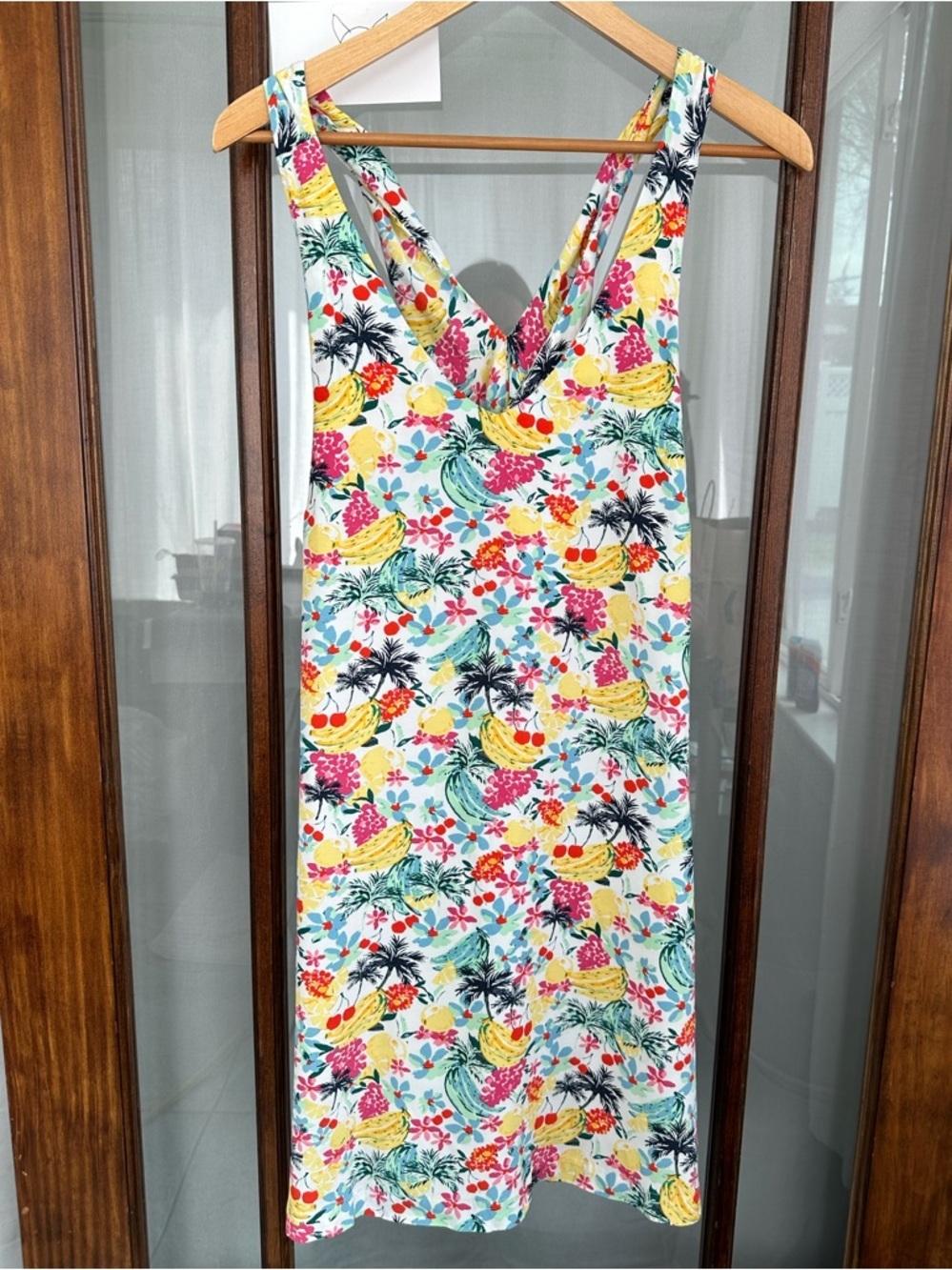 LOFT Dress Large Tropical Fruit Bananas Sleeveless Criss Cross Back Cover Up